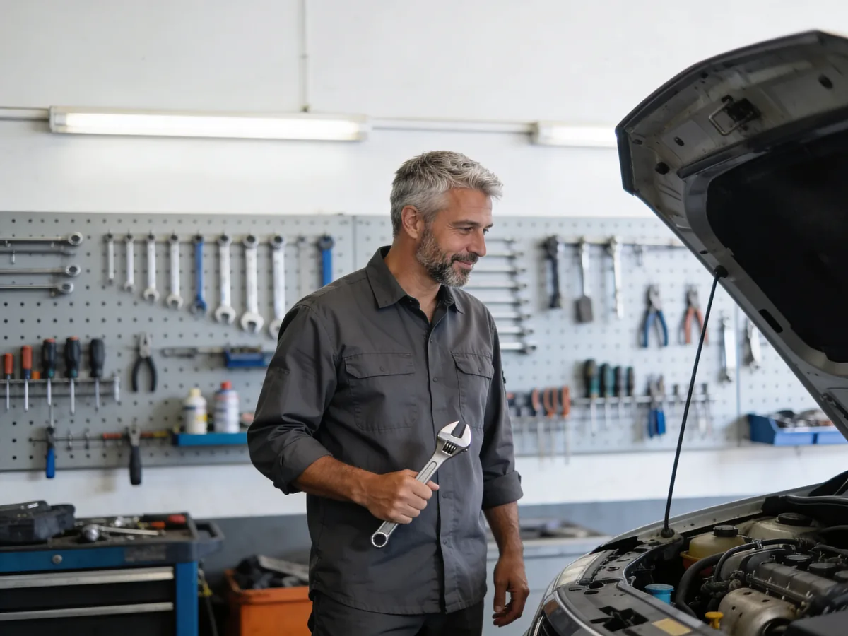 Auto mechanic working under the hood of a car in a clean repair shop