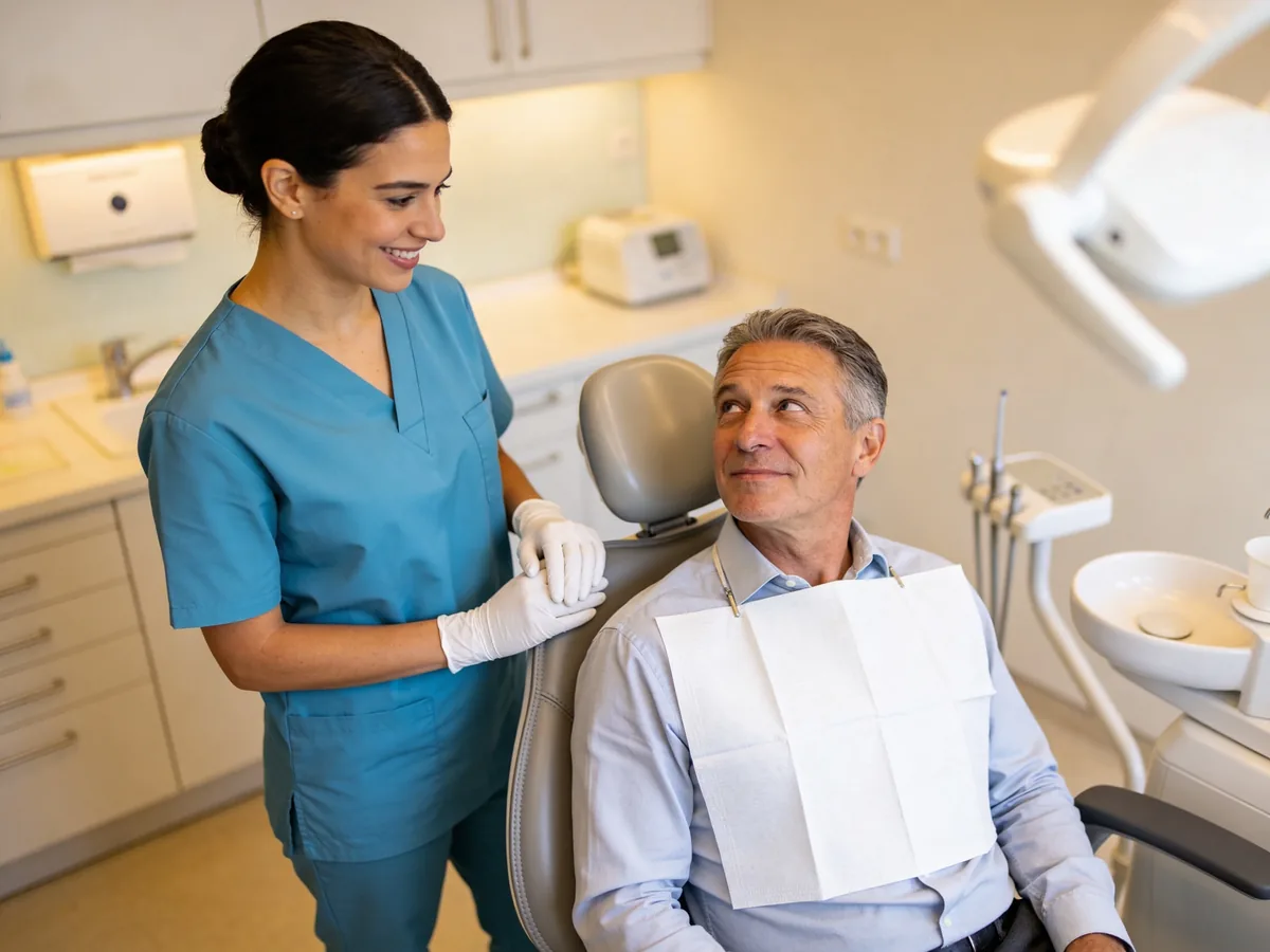 Dentist smiling with a patient in a bright modern dental office