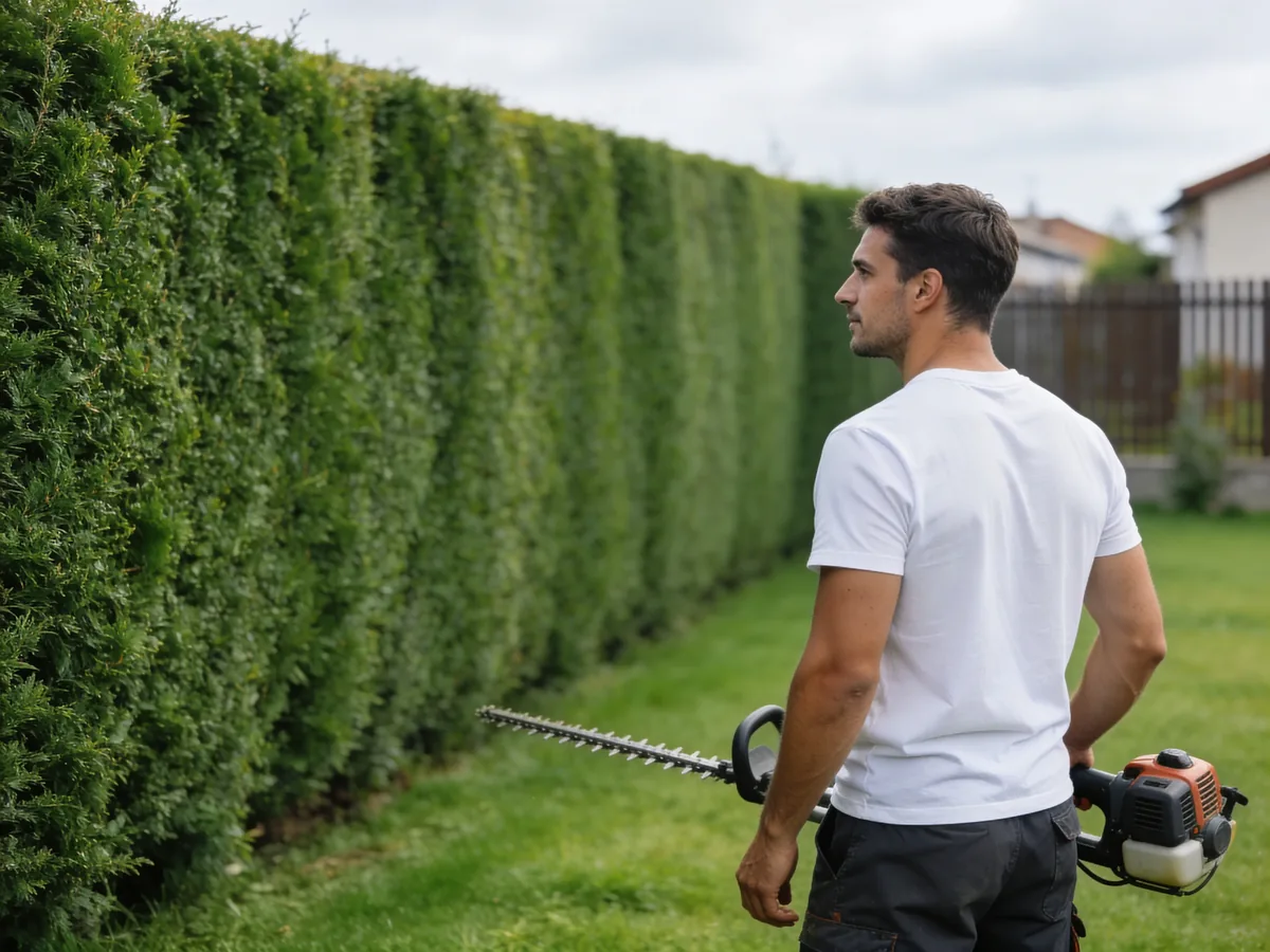 Landscaper trimming a lush green hedge in a well-kept garden