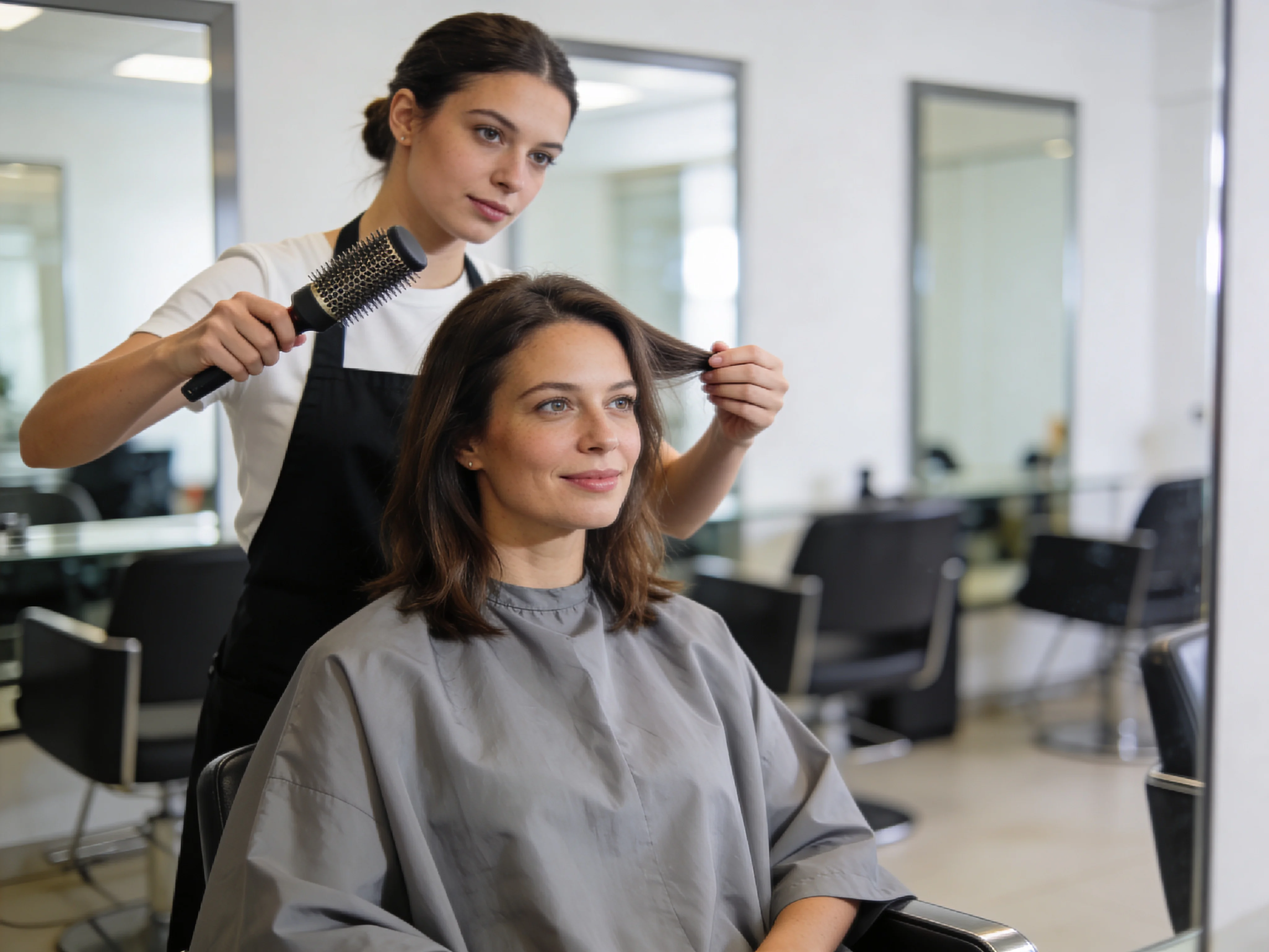 Hair stylist finishing a blowout on a female client in a bright modern salon