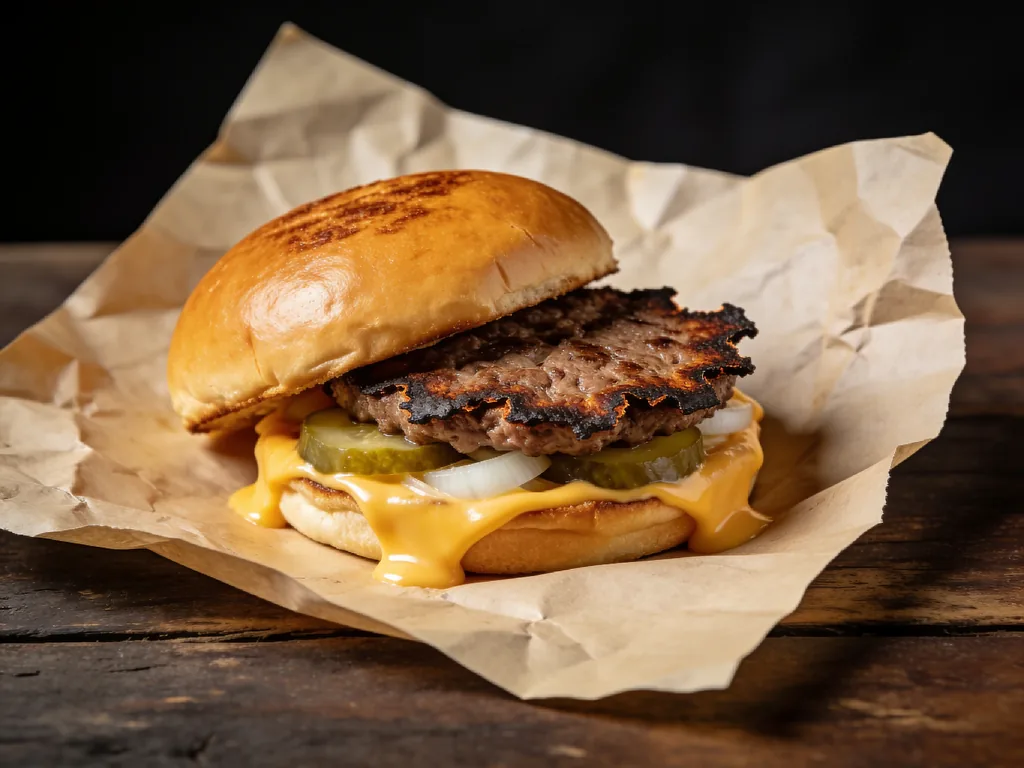 Close-up of The Original smash burger: single patty with dark-seared crust and American cheese dripping onto parchment paper