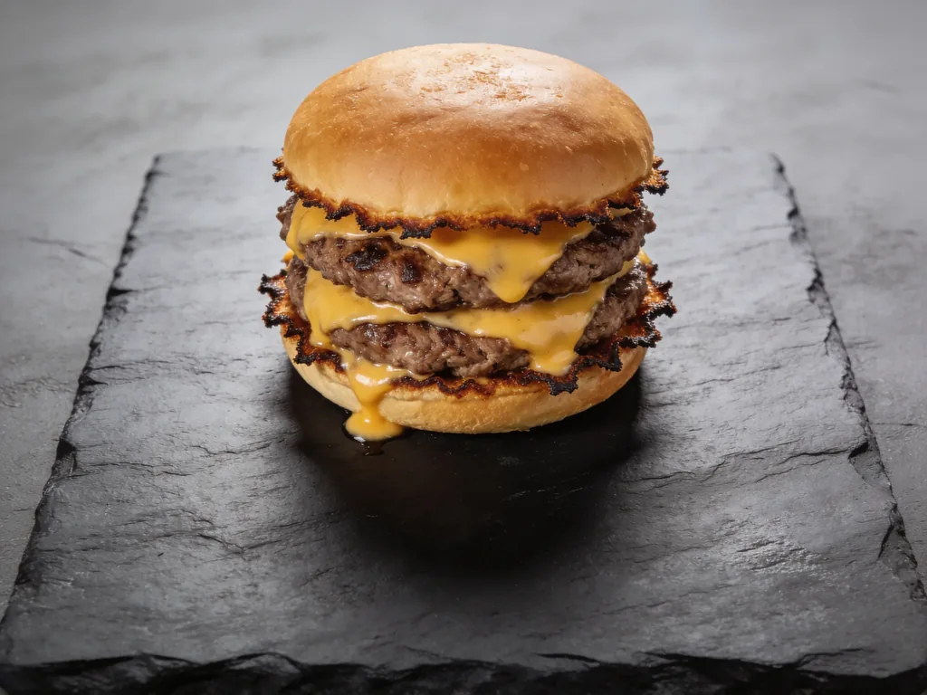Flat Iron double smash cheeseburger on dark slate, thin lacy-edged patties overhanging the bun with melted cheese
