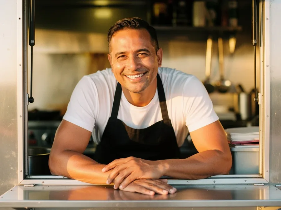 Marco Reyes, founder of Flat Iron, standing at the truck service window in black apron