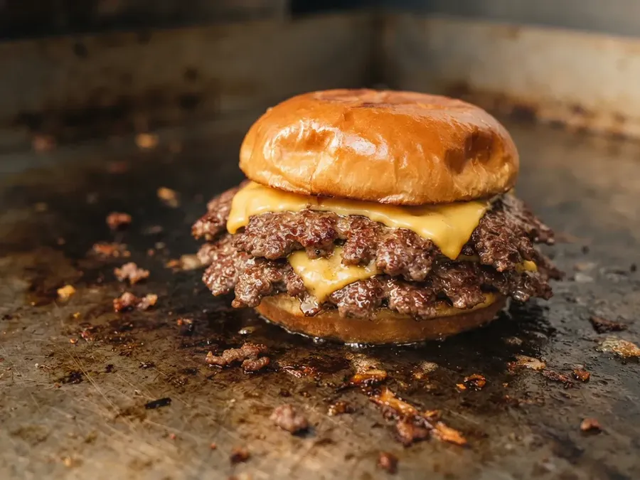 A double smash cheeseburger with melted cheese on a toasted brioche bun, resting on a seasoned steel griddle
