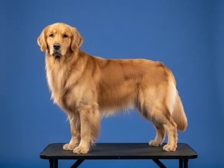 A groomed golden retriever standing square on a grooming table against a royal-blue backdrop
