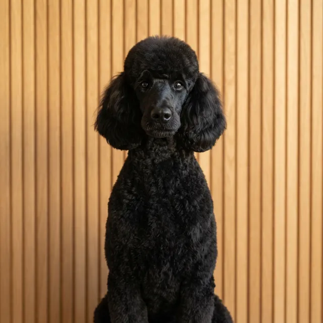 A black standard poodle, freshly finished, photographed alone against a warm oak-panelled wall.