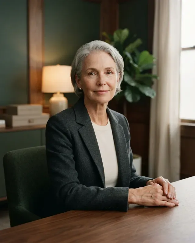 Concept imagery: portrait of Ruth Abernathy, a woman of about sixty with short silver hair and a charcoal blazer
